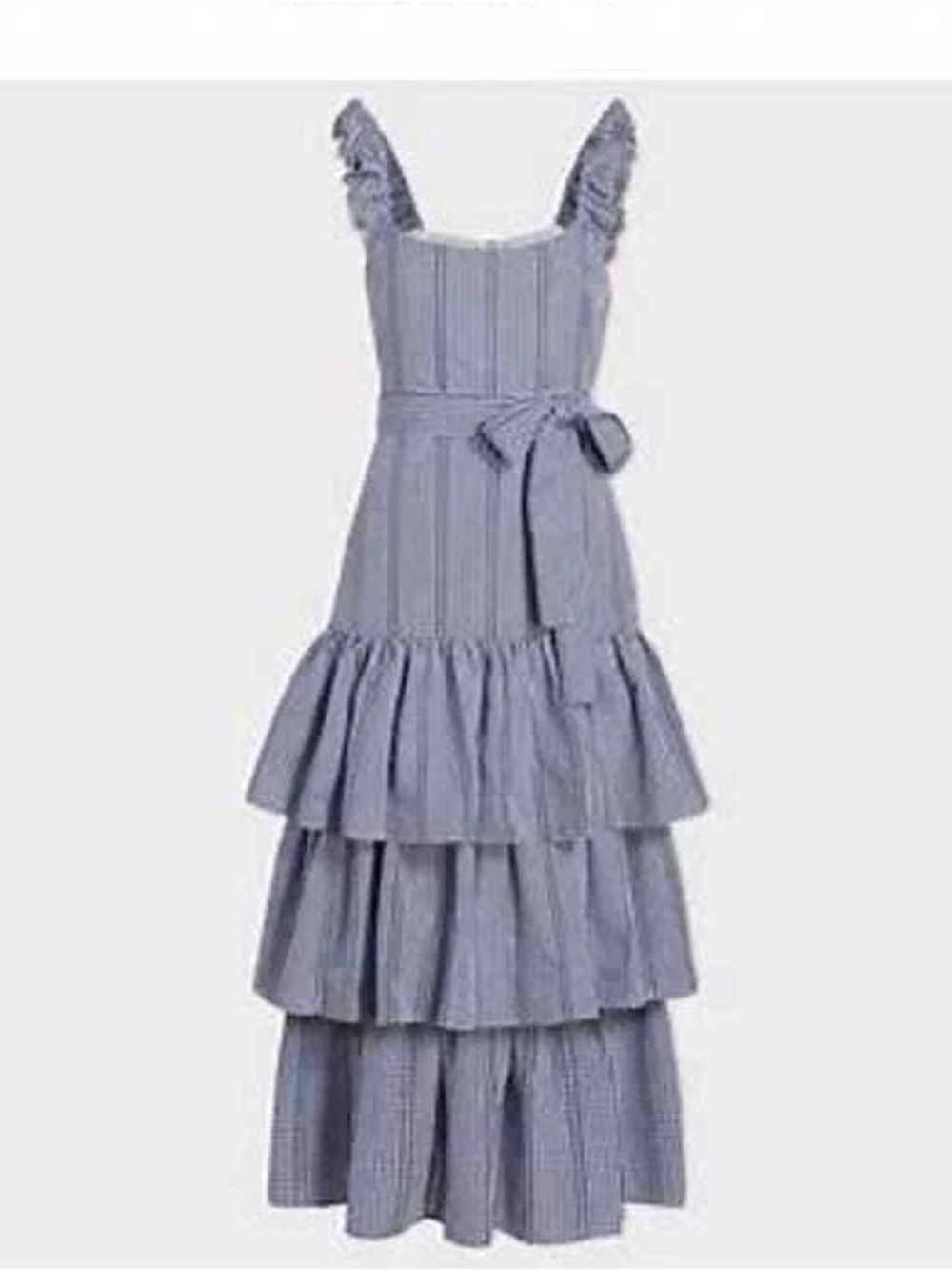 Likely Blue Gingham Tiered Ruffle Maxi Dress with Tie